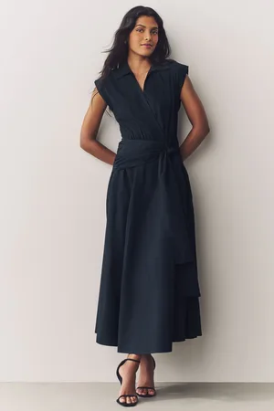 Next Blue Cap Sleeve Tie Waist Shirt 100% Cotton Dress