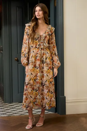 Next Rust Floral Print Long Sleeve Ruffle Tie Back A-Line Midi Dress