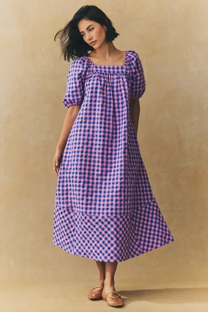 Next /Pink Gingham Puff Sleeve Square Neck Maxi Dress