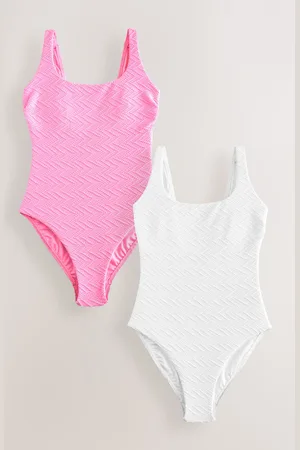 Next Pink/ Zigzag Textured Tummy Control Scoop Swimsuit 2 Pack