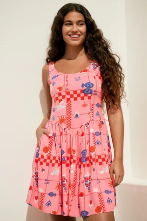 Next Bright Tropical Print Sleeveless Scoop Neck Waisted Mini Dress with Linen