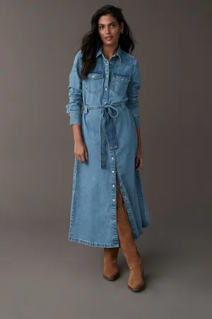 Next Mid Tiered Seam Front Denim 100% Cotton Midi Dress
