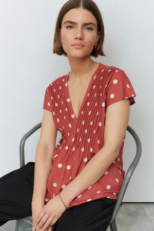 Next Rust/Ecru Polka Dot Pintuck V-Neck Top