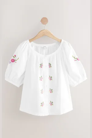 Next Floral Embroidered Puff Short Sleeve 100% Cotton Top