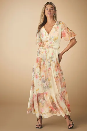 Next Off Smudge Floral Print Mesh Pleated Puff Sleeve Waist Detail Occasion Midi Dress