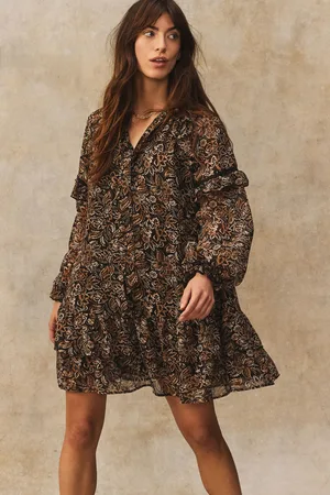 Next /Brown Floral Tie Neck Ruffle Long Sleeve Boho Mini Dress