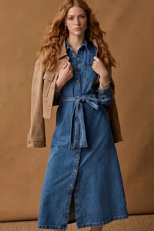 Next Dark Tiered Seam Front Denim 100% Cotton Midi Dress