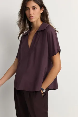 Next Red Burgundy Relaxed Fit Short Sleeve V-Neck Overhead Top with Collar