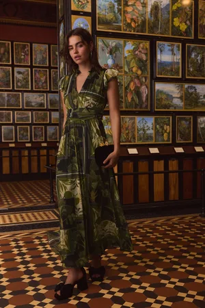 Next Floral Geo Print Kew Collection Pleated Mesh Print V-Neck Occasion Midi Dress