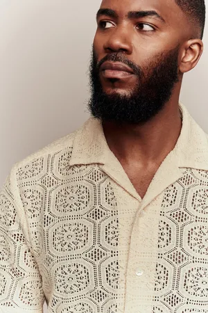 Next Ecru Short Sleeve Crochet Shirt with Cuban Collar