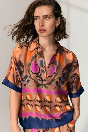 Next Floral Print V-Neck Collared Satin Shirt