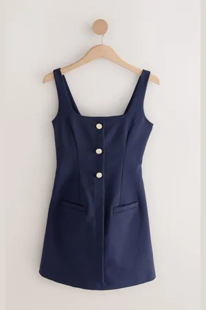 Next Blue Square Neck Gold Button Mini Dress
