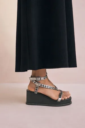Next Pewter Forever Comfort Leather Square Toe Hardware Detail Strappy Wedges