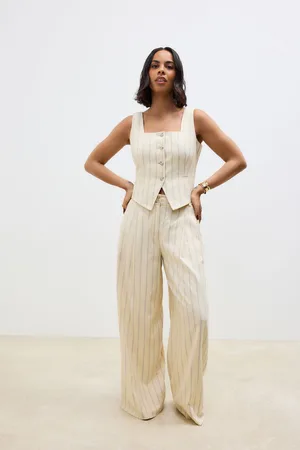 Next Yellow Striped Elastic Back Wide Leg Trousers with Linen