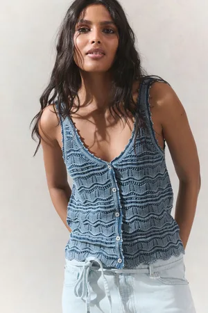 Next Chambray 100% Cotton Wave Stitch Button Crochet Tank Vest
