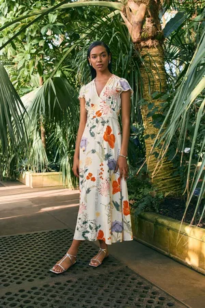 Next Kew Collection & Purple Floral Flutter Sleeve V-Neck Tie Waist Maxi Dress