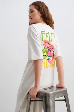 Next Off Cream Fruit Graphic Short Sleeve Crew Neck Jersey Back Graphic Midi Dress
