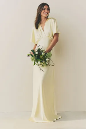 Next Pastel Yellow Bridesmaid Satin Flutter Sleeve Maxi Dress