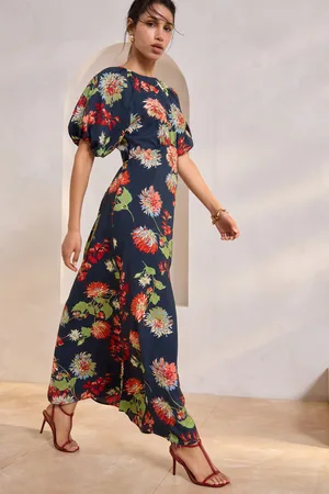 Next Blue Floral Print Puff Sleeve Midi Dress