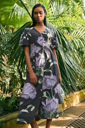 Next Kew Collection Floral Button Down Puff Sleeve Midi Dress with Linen