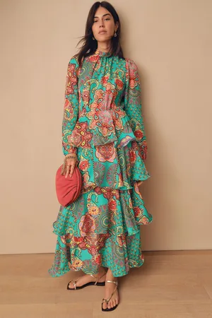 Next Bright Paisley Print N. Premium Long Sleeve Tiered Boho Occasion Maxi Dress