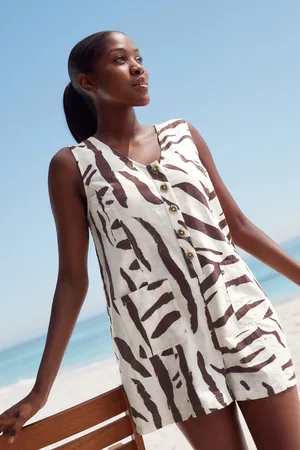 Next Chocolate Zebra Print 100% Cotton V-Neck Button Down Playsuit
