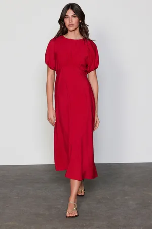 Next Bright Red Print Puff Sleeve Midi Dress