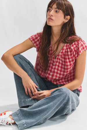 Next /Red Gingham Button Down Ruffle Sleeve Top