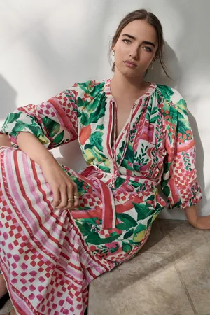 Next & Green Fruit Print Tie Waist 100% Cotton Midi Shirt Dress