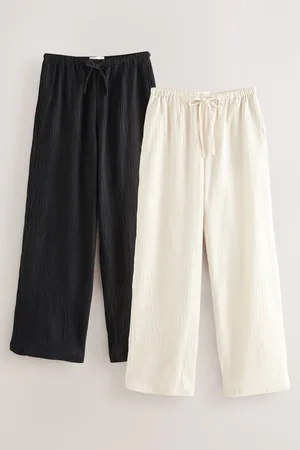 Next Neutral/ 2 Pack Wide Leg Textured Trousers with Linen