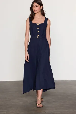 Next Blue Belted Square Neck Midi Dress