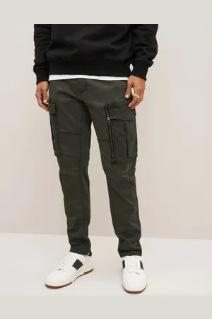 Next Dark Khaki Slim Fit Zip Detail Stretch Cargo Trousers