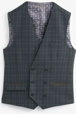 Next Charcoal Regular Fit Trimmed Check Suit Waistcoat