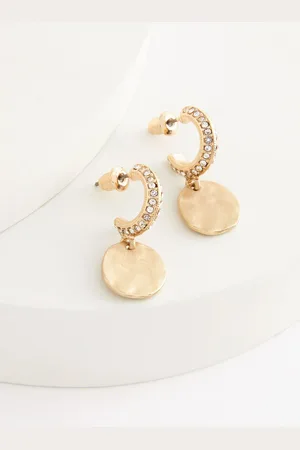 Next Tone Hammered Coin Drop Pave Hoop Earrings