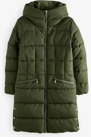 Next Khaki Shower Resistant Padded Puffer Hooded Mid Length Coat