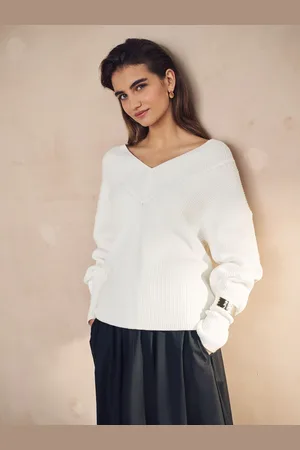 Next Ecru Relaxed Fit Ribbed V-Neck Knitted Jumper