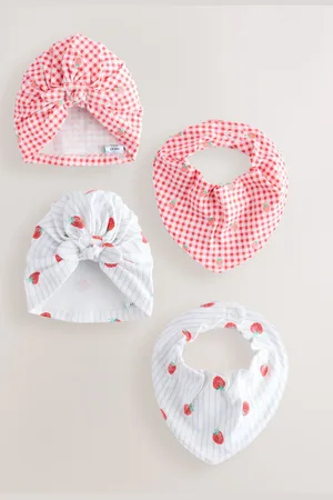 Next Red Strawberry Baby Turban and Dribble Bibs 4 Piece Set (0mths-2yrs)