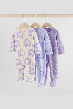 Next Lilac Purple Baby Two Way Zip Floral Print 100% Cotton Sleepsuits 3 Pack (0mths-2yrs)