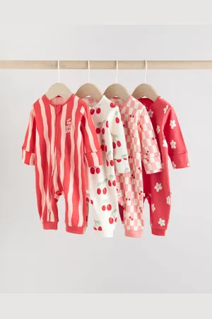 Next Red Cherry Baby Two Way Zip Footless 100% Cotton Sleepsuits 4 Pack (0mths-3yrs)