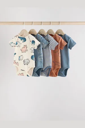 Next / Tan Brown Safari 100% Cotton Short Sleeve Baby Bodysuits 5 Pack