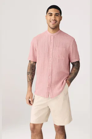 Next Grandad Collar Cotton Linen Blend Short Sleeve Shirt