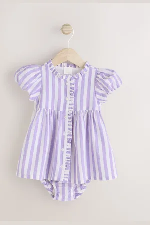 Next Lilac Purple/ Stripe Baby 100% Cotton Woven Dress and Bloomer Knickers Set (0mths-2yrs)