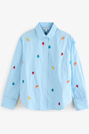 Next Blue/ Stripe Fruit Embroidered Long Sleeve 100% Cotton Shirt