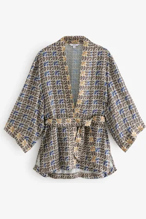 Next /Brown Geometric Print Satin Textured Drape Kimono