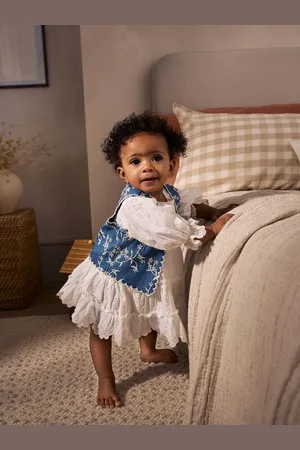 Next 100% Cotton Woven Baby Broderie Dress And Denim Waistcoat Set (0mths-2yrs)