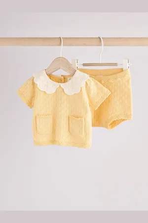 Next Yellow Embroidered Collar 100% Cotton Knitted Baby Top and Shorts Set (0mths-2yrs)