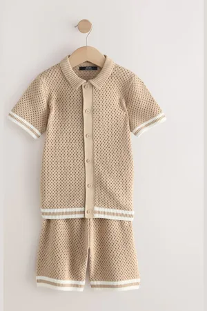 Next Textured Knitted Button Through Polo Shirt and Shorts Set (3-16yrs)