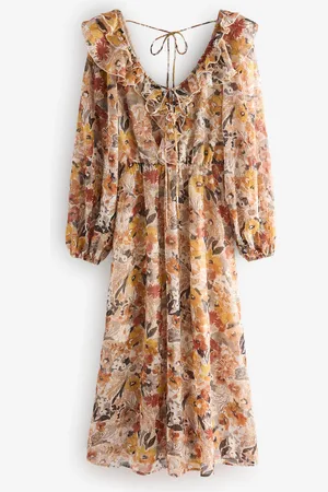 Next Rust Floral Print Long Sleeve Ruffle Tie Back A-Line Midi Dress