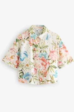 Next Pastel Floral Print Broderie Short Sleeve Button Down 100% Cotton Shirt