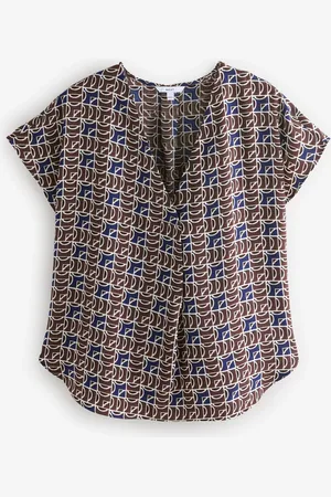 Next /Brown Geo Print Relaxed Fit Short Sleeve Overhead V-Neck Blouse